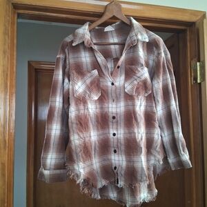 Plaid Button-Up Shirt with Frayed Hem